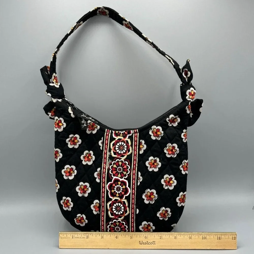 Vera Bradley Mini Hobo Shoulder Bag Black Pirouette Pattern Floral Black & Red